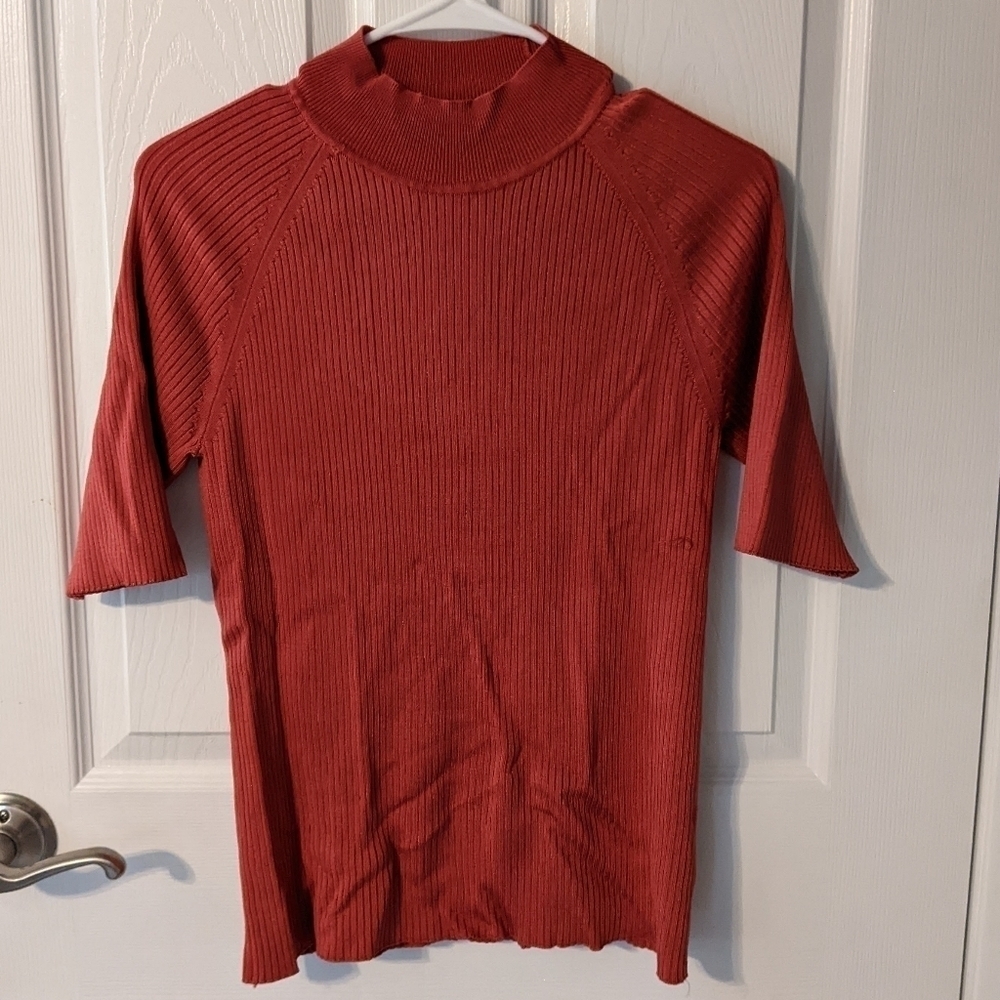 Tahari Deep Burnt‎ Orange Ribbed Viscose Stretch Mockneck Size Medium *Flaw*